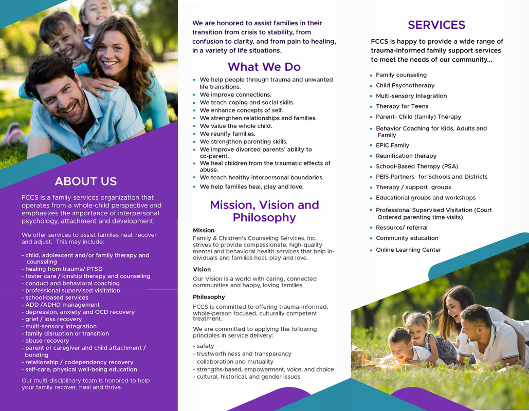 A download of page two of the Family & Children's Counseling Services brochure, including About Us, What We Do, our Mission, Vision and Philosophy, and Services provided.