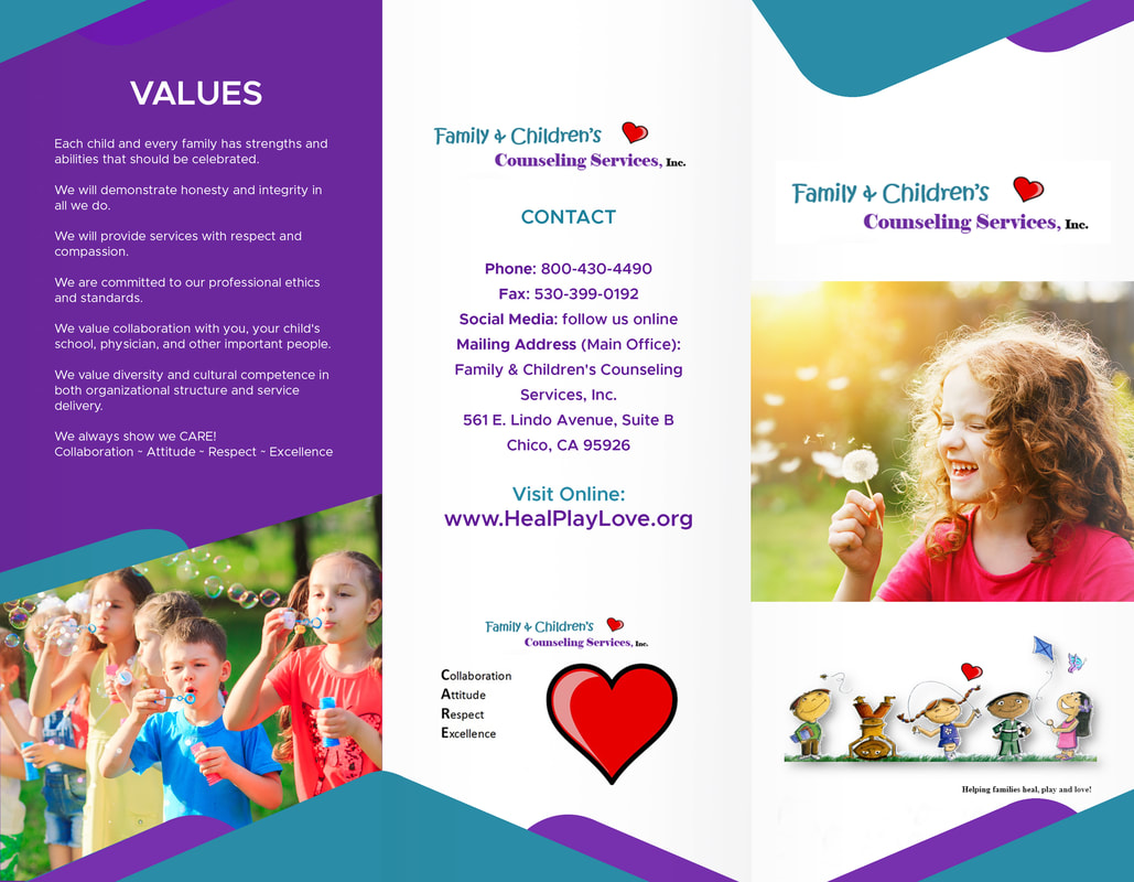 A download of the Family & Children's Counseling Services brochure, specifying Values and contact information.