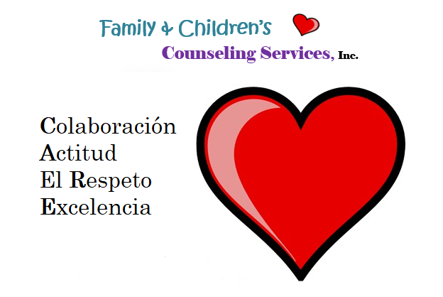 A picture of a heart with Family and Children's Counseling Services motto of showing collaboration, attitude, respect and excellence.