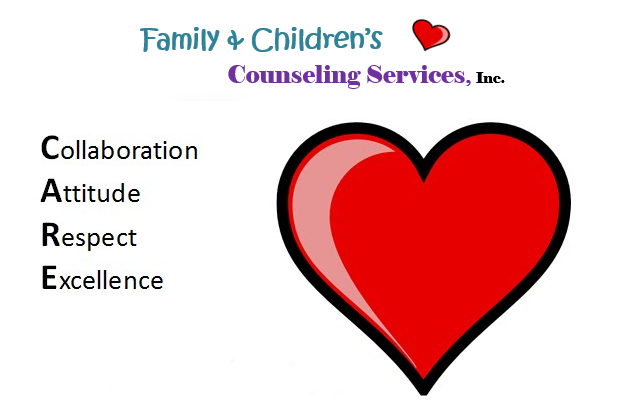 A picture of a heart with Family and Children's Counseling Services motto of showing collaboration, attitude, respect and excellence.