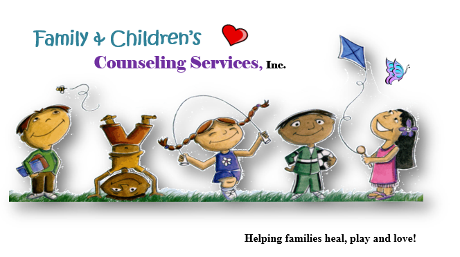 Drawing of children playing. FCCS logo.
