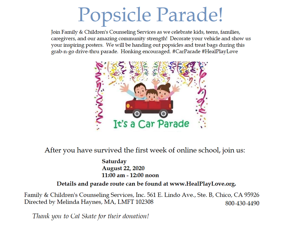 Flyer containing a man, woman and child in a car, waving with party streamers above them.