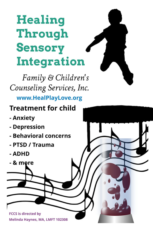 Flyer with words saying that Sensory Integration helps a variety of issues including anxiety, depression, behavioral concerns, PTSD, trauma, ADHD, and more.